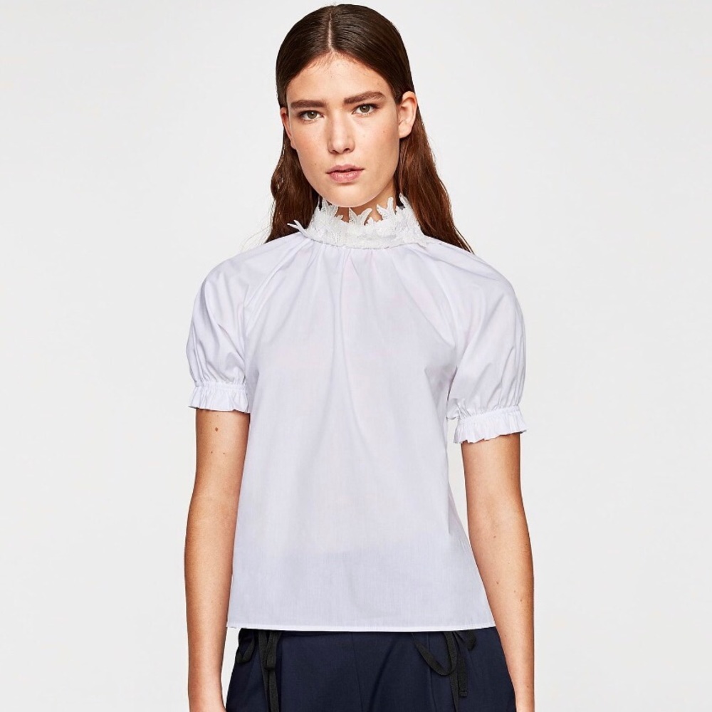 Zara White short sleeve mock neck lace blouse XS - Picture 8 of 8